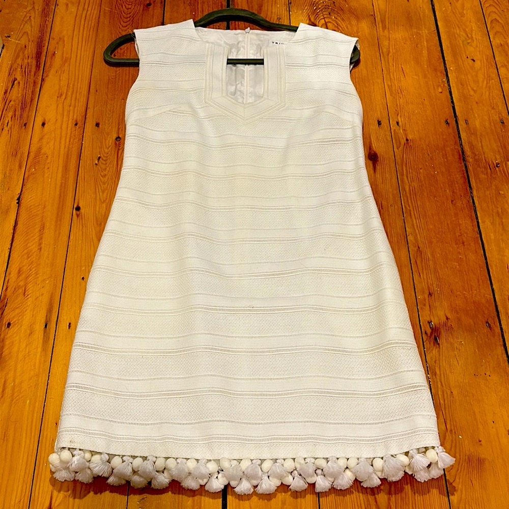Trina Turk Sleeveless White Dress with Pom Pom Hem